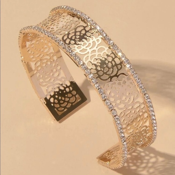 Gold Camellia Flower Rhinestone Cuff Bracelet - Picture 4 of 12